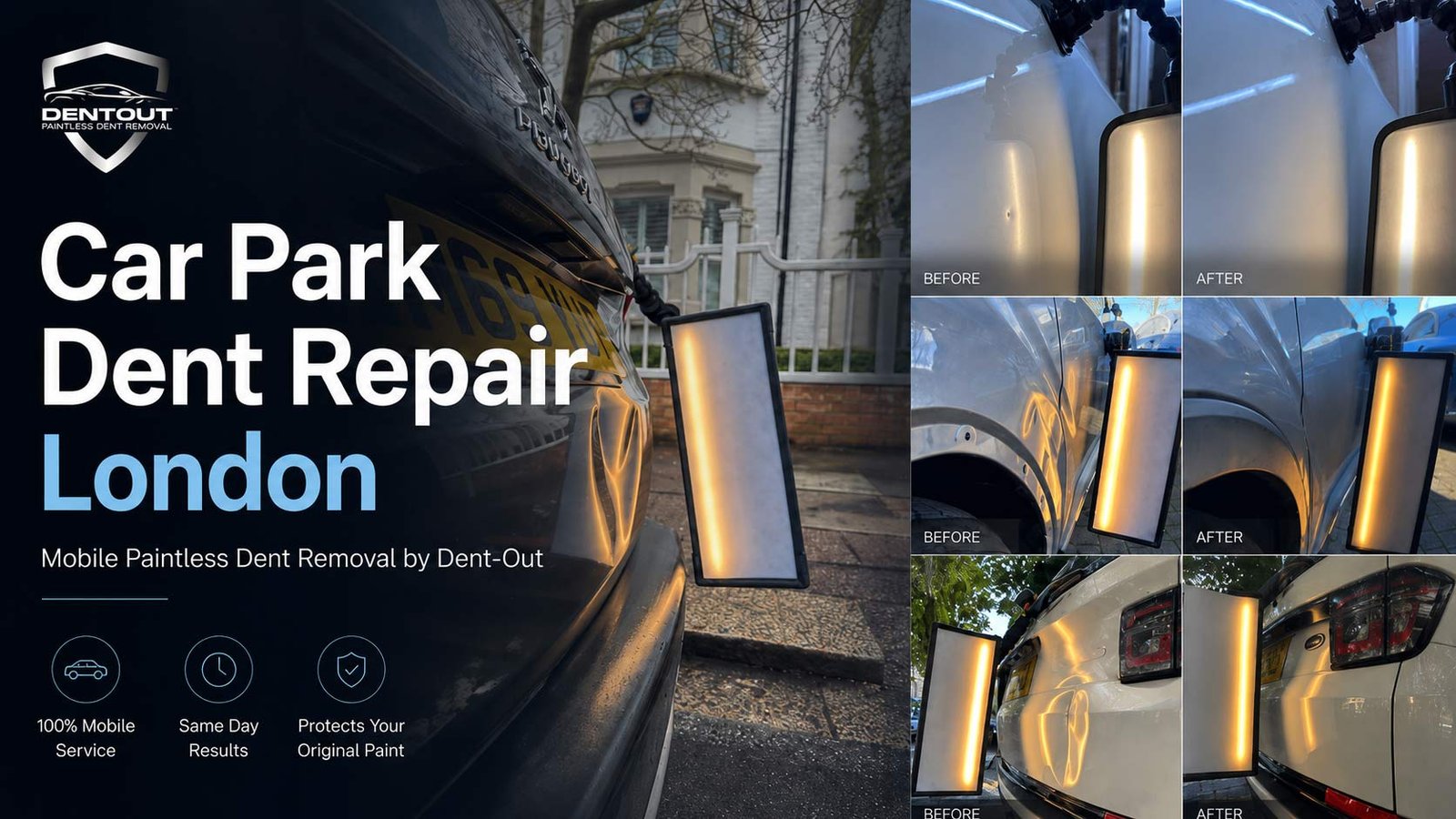 Before and after car park dent repair in London by Dent-Out using mobile paintless dent removal