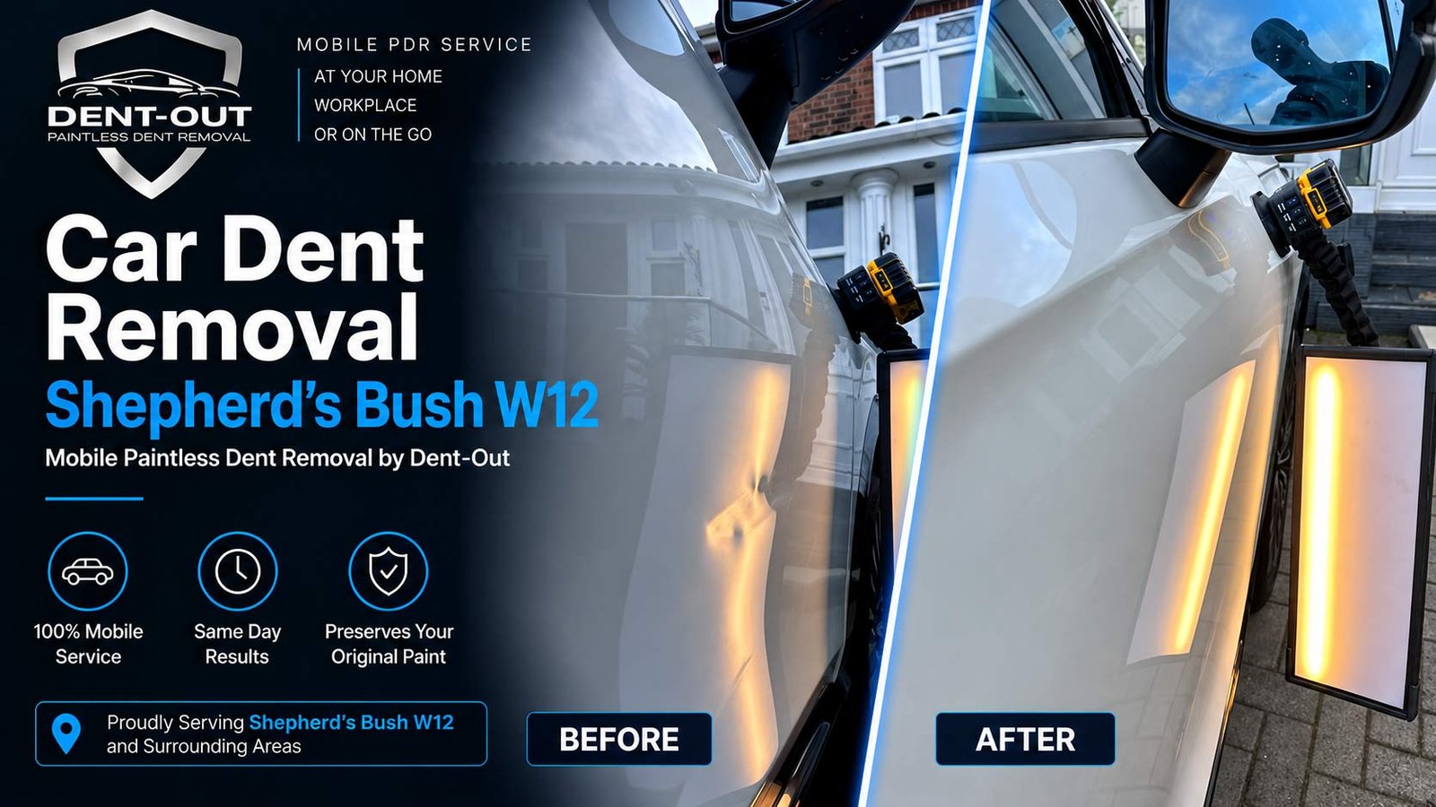 Mobile Paintless Dent Removal in Shepherd’s Bush W12 London by Dent-Out – before and after car dent repair