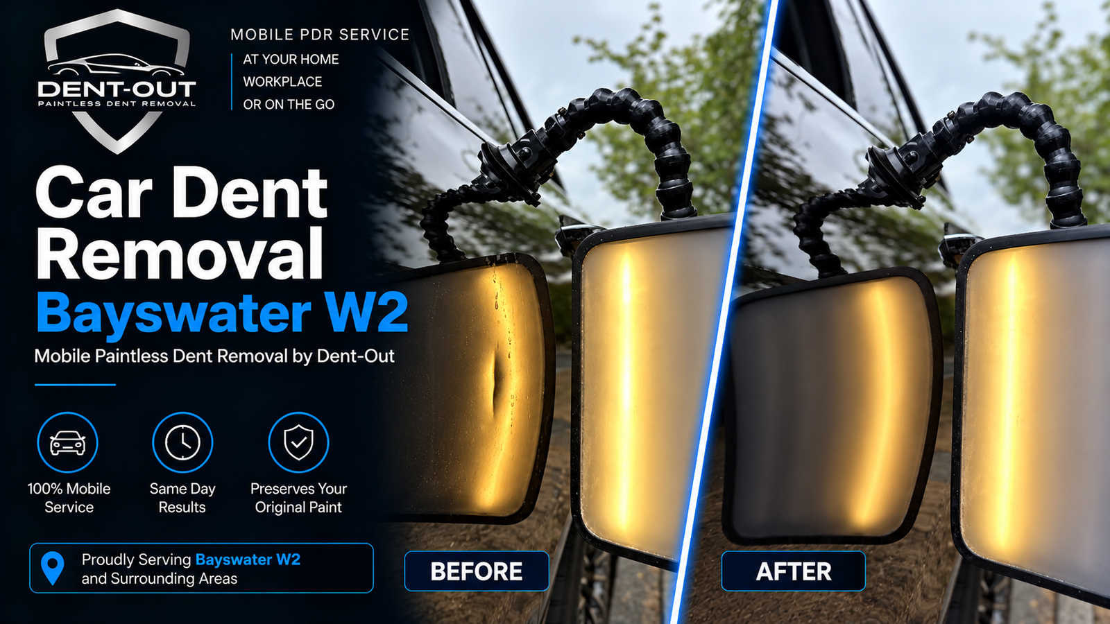 Dent Removal Bayswater Before and after Paintless Dent Removal by Dent-Out – mobile car dent repair serving Bayswater W2 London, preserving the original paintwork.