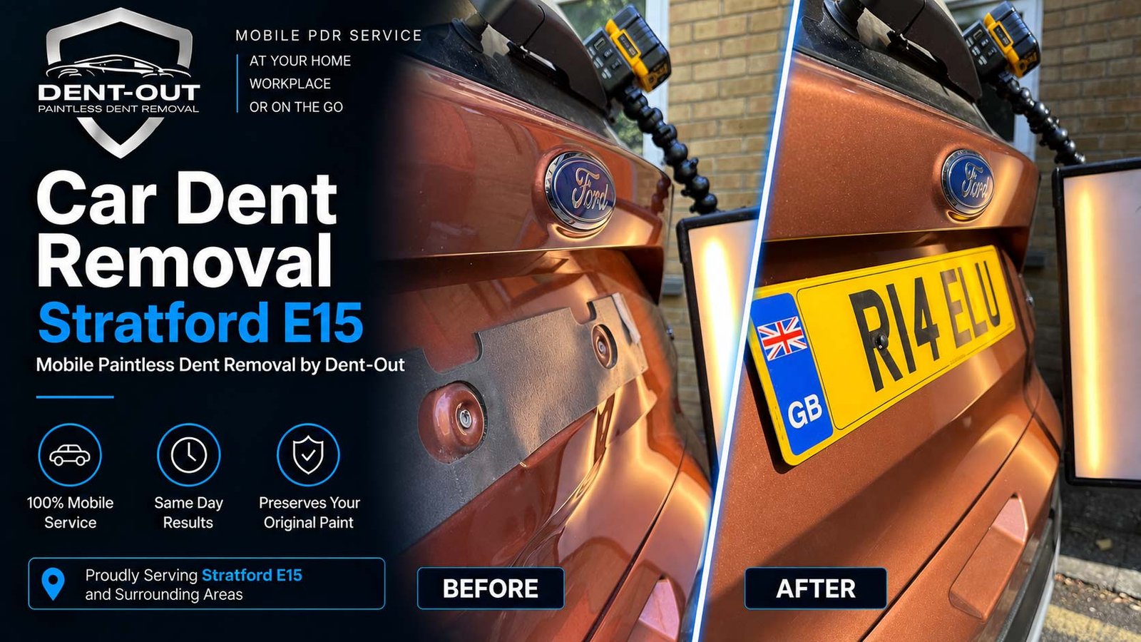 Dent Removal Stratford London Before and After a Car Dent Repair PDR by Dent-out London